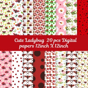 Könnte beinhalten: Zwanzig digitale Papiere mit niedlichen Marienkäfer-Designs. Die Papiere sind 30,5 cm x 30,5 cm groß und enthalten verschiedene Muster mit Marienkäfern, Herzen, Blumen, Punkten und Regenbögen.