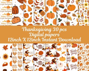Conjunto de papéis digitais para o Dia de Ação de Graças, com folhas de outono e abóboras (download instantâneo)