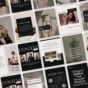 May include: A collection of social media templates in black and white. The templates feature text such as "Business", "Analysis", "Content", and "5 Steps to Building Your Personal Brand on Social Media". The templates also include images and graphics.