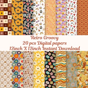 Retro Groovy Digital Paper, Retro Groovy Background, Vintage digital paper, Retro Floral Pattern,