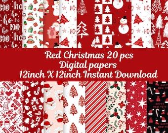 Red Christmas Digital Paper Set, Holiday Motifs (Digital Download)