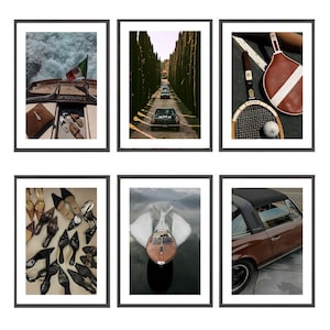 May include: Six framed prints with travel and leisure themes. One shows a boat with an Italian flag, another a line of cars on a tree-lined road. Other prints depict tennis equipment, a collection of shoes, a boat on water, and a brown car.