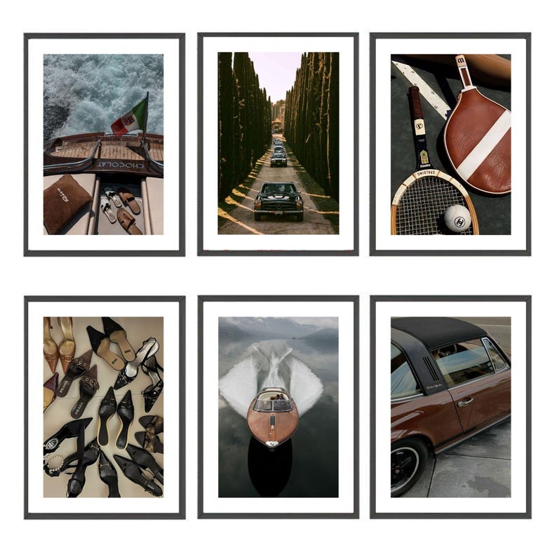 May include: Six framed prints with travel and leisure themes. One shows a boat with an Italian flag, another a line of cars on a tree-lined road. Other prints depict tennis equipment, a collection of shoes, a boat on water, and a brown car.