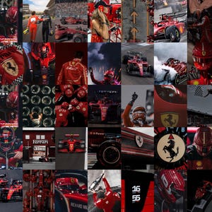 Op de afbeelding: Een collage van afbeeldingen met een rode Formule 1-raceauto, coureurs in rode racepakken en het Ferrari-logo. De afbeeldingen zijn in een rasterpatroon gerangschikt en bevatten close-ups van de auto, de coureurs en het logo.