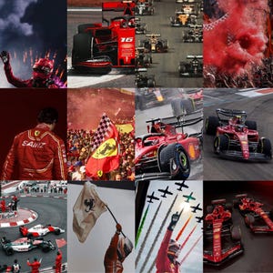 Puede incluir: Un collage de im&aacute;genes con carreras de F&oacute;rmula 1. El collage incluye primeros planos de coches de carreras, pilotos y aficionados. Las im&aacute;genes est&aacute;n dispuestas en una cuadr&iacute;cula y presentan una variedad de colores, incluyendo rojo, negro y blanco.