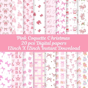 Puede incluir: Veinte papeles digitales con patrones navideños rosas y blancos. Los patrones incluyen bastones de caramelo, lazos, copos de nieve, estrellas, regalos y una casa de jengibre. Cada papel mide 30,48 cm por 30,48 cm.