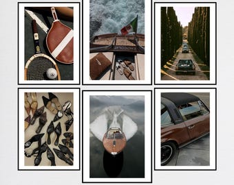 Old Money Aesthetic Wall Art 6PCS, Old Money Classic Car Print, Old Money Aesthetic, Luxury on Wheels, Tennis Racket Poster, Yacht Poster