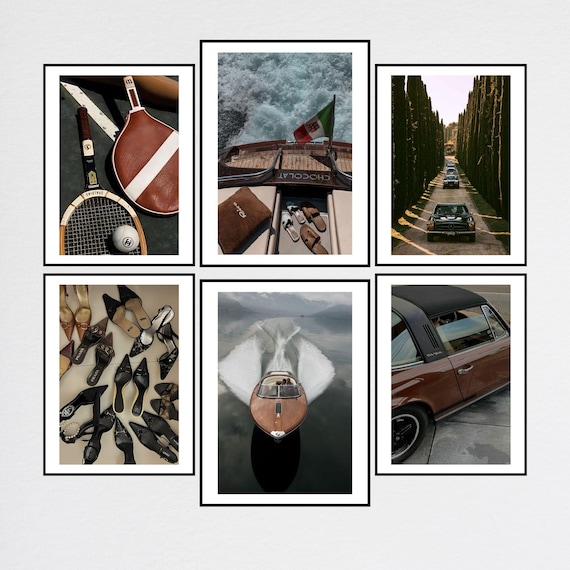 Old Money Aesthetic Wall Art 6PCS, Old Money Classic Car Print, Old Money Aesthetic, Luxury on Wheels, Tennis Racket Poster, Yacht Poster