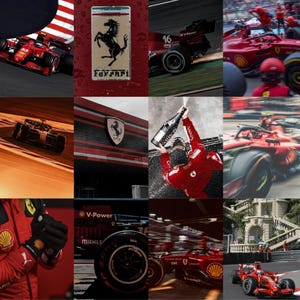 Puede incluir: Un collage de im&aacute;genes con coches de carreras rojos, el logotipo de Ferrari, una persona celebrando con champ&aacute;n y una vista de una ciudad con un edificio en el fondo.