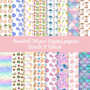May include: A collection of 30 digital papers with a seashell theme. The papers feature various patterns including starfish, seashells, mermaid scales, and tropical elements. Each paper measures 12 inches by 12 inches.