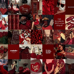 130 STÜCK Kirschrotes ästhetisches Collagen Kit | Boujee Rot Digitales Poster | Cheri Cheri Lady Vibe Wand Kunst Collage | Burgund Vibe Postkarten