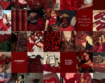 May include: A collage of images in shades of red, featuring a red heart, a red dress, a red car, a red book, a red flower, a red lipstick, a red perfume bottle, a red bra, a red rose, a red wine glass, a red heart pillow, and text that says "I am becoming the BEST version of myself" and "reminder YOU ARE LOVED".