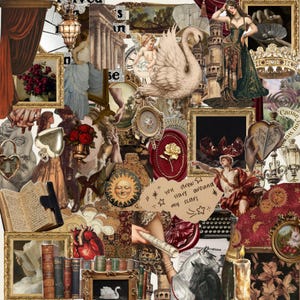 Puede incluir: Un collage con arte clásico, incluyendo un cisne, una cara de sol, un corazón, una corona y varios retratos enmarcados. El texto en un trozo de papel beige dice: you drew stars around my scars. Incluye libros, velas y marcos dorados.