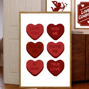 Candy Hearts print, Red wall art, Romantic Wall Art, Red Valentines Home Decor, Cute Valentines day print, Candy Hearts wall art