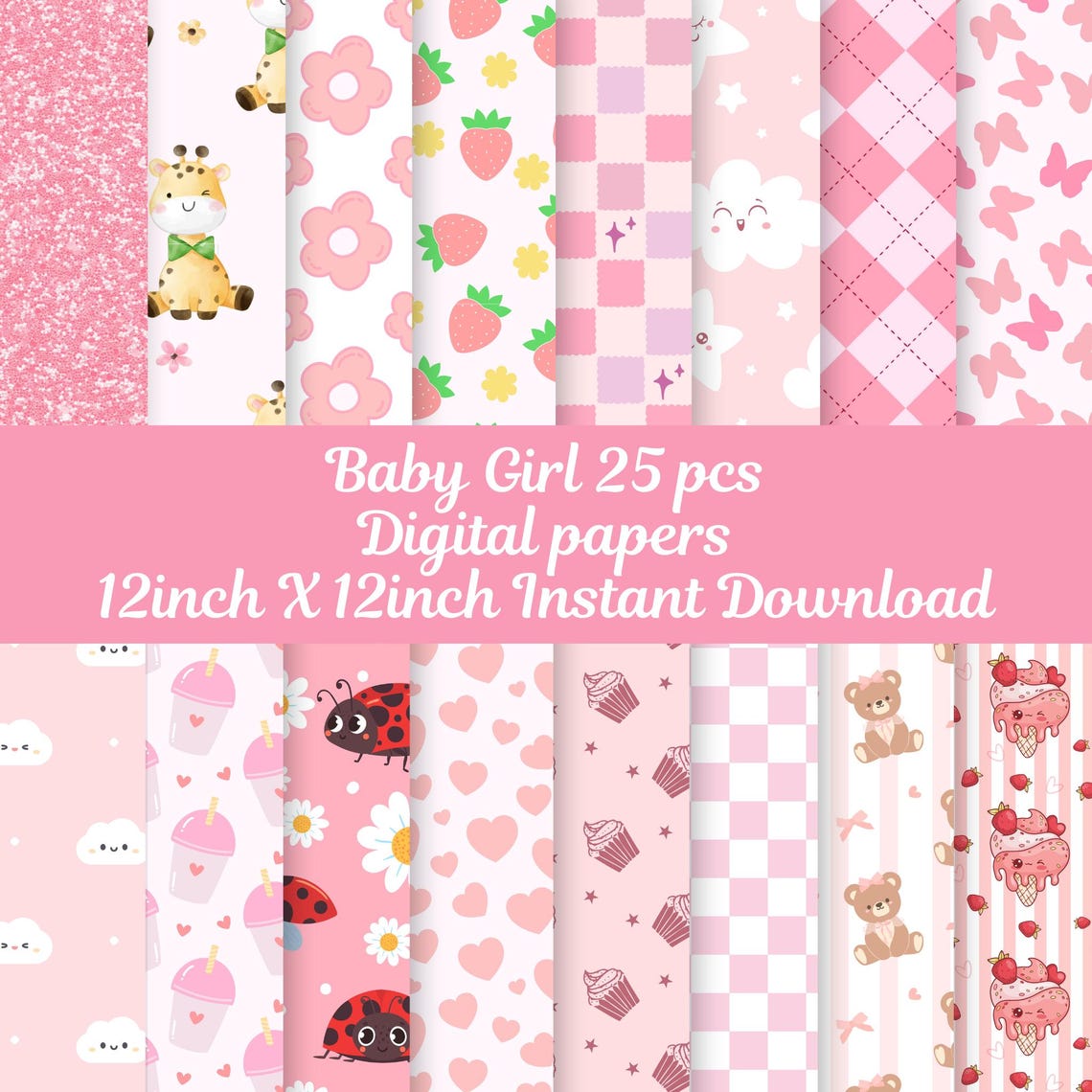 Baby Girl Digital Papers, Baby Girl Shower, Nursery Papers, Baby ...