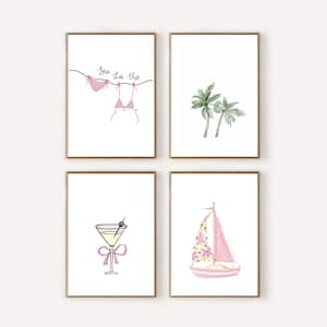 Pink Coastal Print Set Of 4, Coastal gallery wall, Summer wall art, Beachy print set, Bikini print, Palm tree print, Coastal wall art