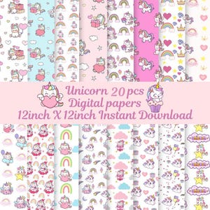 Little Unicorn Digital Papers Set, Unicorn Background, Little Unicorn Seamless Pattern, Instant Download, Unicorn Rainbow Scrapbook