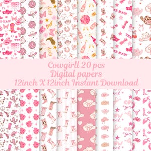 Set di carte digitali Cowgirl - Sfondo Cowgirl - Motivo senza cuciture Cowgirl - Download immediato - Carta per scrapbooking Cowgirl, scrapbooking rosa