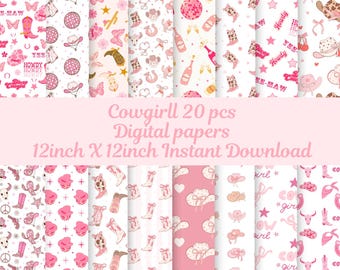 Cowgirl Digital Papers Set - Cowgirl Background - Cowgirl Seamless Pattern - Instant Download - Cowgirl Scrapbook Paper, Pink Scrapbooking