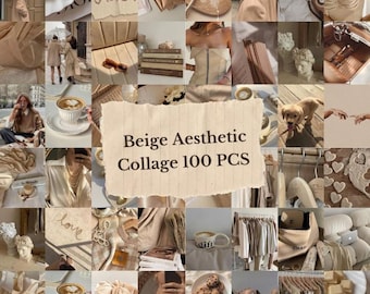Beige esthetische muurcollagekit | 100 fotoafdrukken (digitale download)