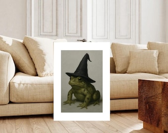 Halloween witch frog vintage painting, Halloween toad dark academia print, farmhouse decor, vintage poster, rustic printable, fall poster