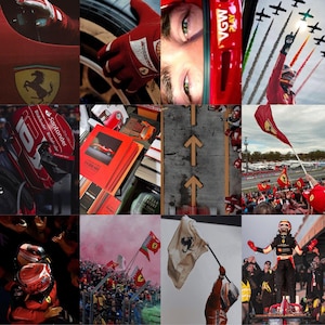 Puede incluir: Un collage de im&aacute;genes con la marca Ferrari. El collage incluye un coche de carreras rojo, un casco de carreras rojo, un guante de carreras rojo, un traje de carreras rojo, una bandera Ferrari roja y una multitud de personas en un circuito de carreras.
