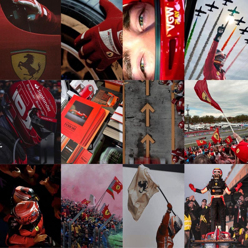 Puede incluir: Un collage de im&aacute;genes con la marca Ferrari. El collage incluye un coche de carreras rojo, un casco de carreras rojo, un guante de carreras rojo, un traje de carreras rojo, una bandera Ferrari roja y una multitud de personas en un circuito de carreras.