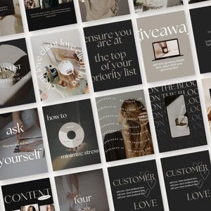 May include: A collection of social media templates with a minimalist design. The templates feature text overlays in a modern font, with phrases like "To Do List," "Giveaway," and "Customer Love" on a dark background. The overall aesthetic is clean and professional.