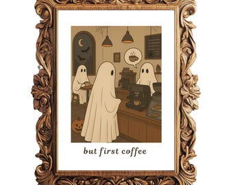Ghost Drinking Coffee Wall Art, Cute Ghost Prints, Halloween Art Poster, Spooky Ghost Wall Art, Fall Decoration, Halloween Decor print