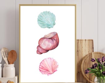 Impresión de conchas marinas, descarga de arte digital, impresión de arte veraniego, arte mural femenino, decoración moderna para casa de playa, arte mural costero