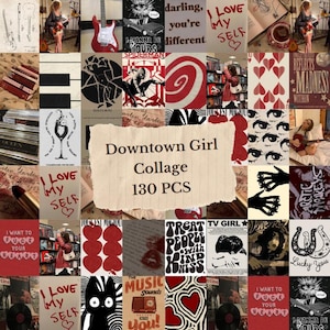 Puede incluir: Un collage de 130 imágenes con una variedad de diseños, incluyendo corazones, ojos, labios y texto. El collage se titula "Downtown Girl Collage".