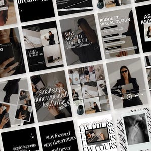 Puede incluir: Una colección de publicaciones en redes sociales en blanco y negro. Las publicaciones presentan texto como "Learn Digital Marketing" y "Product Visual Design". Las imágenes incluyen a una persona con un portátil y un teléfono.