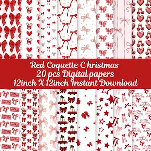 Puede incluir: Veinte papeles digitales con motivos navideños rojos y blancos. Los motivos incluyen lazos, bastones de caramelo, estrellas y las palabras "Feliz Navidad". Cada papel mide 30,5 cm por 30,5 cm.