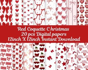 Red Coquette Bows Digital Papers, Red Digital Seamless Patterns, Red Bow Printable Paper,Coquette Red Digital Paper,Red Bow Digital Paper