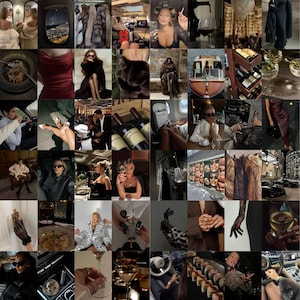 Op de afbeelding: Een collage van afbeeldingen die een luxe levensstijl uitbeelden. De afbeeldingen omvatten een ​​privéjet, een jacht, een auto, een glas wijn, een bontjas en een vrouw in een zwarte jurk en zonnebril.