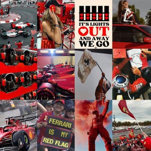 Puede incluir: Un collage de im&aacute;genes relacionadas con la F&oacute;rmula 1. Las im&aacute;genes incluyen un coche de carreras rojo, una bandera roja, un piloto de carreras y aficionados animando en una carrera. El texto "IT'S LIGHTS OUT AND AWAY WE GO" aparece en el collage.
