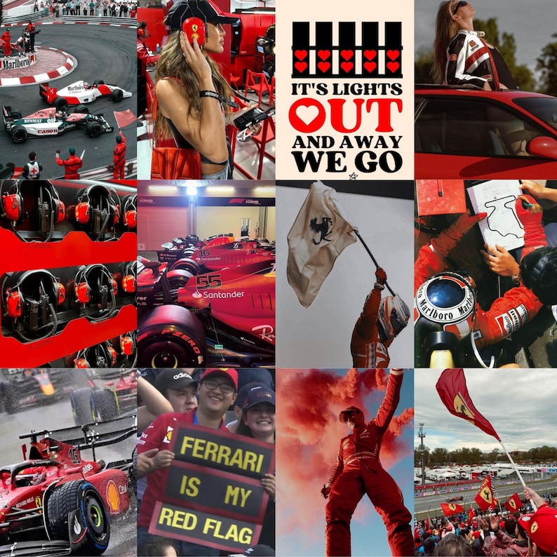 Puede incluir: Un collage de im&aacute;genes relacionadas con la F&oacute;rmula 1. Las im&aacute;genes incluyen un coche de carreras rojo, una bandera roja, un piloto de carreras y aficionados animando en una carrera. El texto "IT'S LIGHTS OUT AND AWAY WE GO" aparece en el collage.