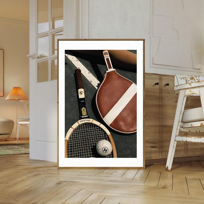 May include: A framed print featuring tennis equipment. Two vintage tennis rackets, one with a black handle and the other with a brown leather grip, are displayed alongside a tennis ball. The rackets and ball rest on a dark surface with white lines.