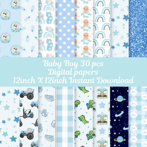 Baby Boy Digital Papers, Baby Boy Shower, Nursery Papers, Baby Backgrounds, Seamless Patterns, It's a Boy Scrapbook, Commercial Use