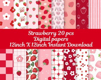 Strawberry Daisy Seamless Pattern, Pastel Digital Paper (Digital Download)