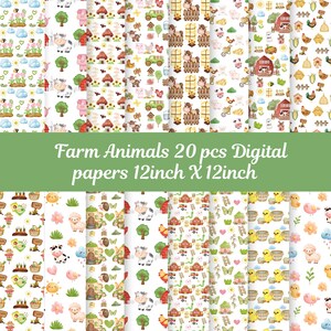 Könnte beinhalten: Eine Sammlung von 20 digitalen Papieren, jeweils 30,48 cm x 30,48 cm, mit Bauernhofthemen. Die Papiere zeigen verschiedene Muster mit Illustrationen von Kühen, Schweinen, Pferden, Scheunen und anderen Elementen vom Bauernhof.