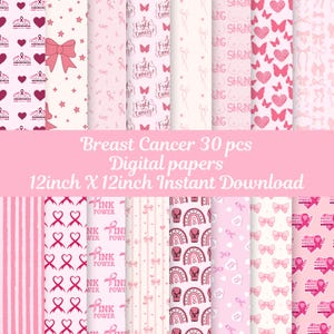 Puede incluir: Un conjunto de 30 papeles digitales con patrones rosas y blancos con temas de concienciación sobre el cáncer de mama. Los patrones incluyen cintas rosas, corazones, mariposas, arcoíris y el texto "Fight Cancer!" y "Pink Power". Los papeles miden 30,48 cm por 30,48 cm.
