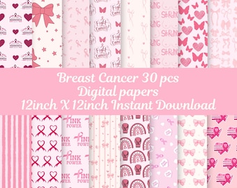 Breast Cancer Awareness Digital Paper, Pink Ribbon Scrapbook, 12x12 (Seamless Pattern, Set of 30)