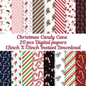 May include: Twenty digital papers featuring Christmas candy cane designs. The papers are 12 inches by 12 inches and are available for instant download.