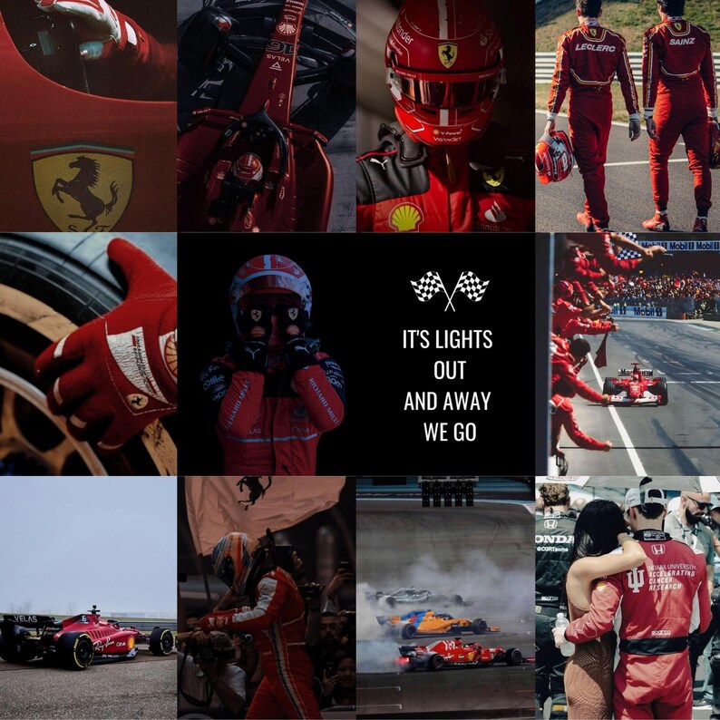 Puede incluir: Un collage de im&aacute;genes con un coche de carreras rojo, un piloto con un traje de carreras rojo y una bandera a cuadros. El texto "IT'S LIGHTS OUT AND AWAY WE GO" se muestra en blanco sobre un fondo negro.