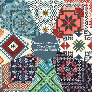 May include: A collection of 30 digital papers featuring geometric Persian designs in various colors, including red, blue, green, and white. Each paper is 12x12 inches.