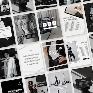 May include: A collection of black and white social media templates with text overlays. The templates feature images of people, text like "Branding" and "SALE", and quotes about business and choices.