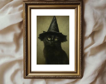 Black Cat in Wizard Hat Print, Black Cat Witch Print, Gothic Cottagecore Halloween Printable,Spooky Dark Academia,Black Cat Halloween Print