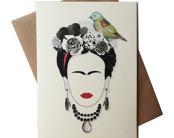 Greeting card - Cream color card with black print featured with a  colorful bird - can frame for wall art - inspired by Frida kahlo