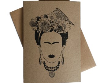 Greeting card - Brown Kraft Paper with black print -  inspired by Frida kahlo - artwork by Betty Shek